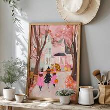1 pieza Pintura de pared de bruja rosa de Halloween, Pintura de tres niñas pidiendo dulces, arte de pared raro y lindo, imprimible de otoño para habitación de niñas (Marco opcional)