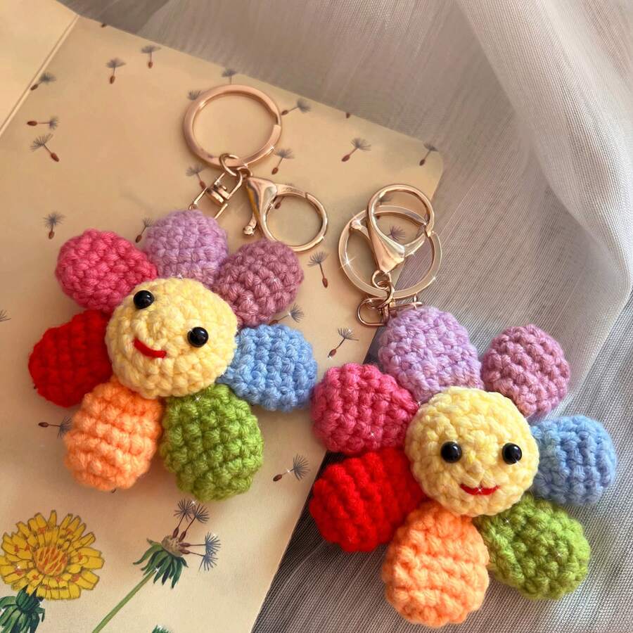 Colorful Crochet Sunflower Keychain - Cute Rainbow  Design, Five-Petal Flower Decoration, Durable Metal Ring, Hand-Woven, Perfect For Bags And Accessories - 1 - Xem 1