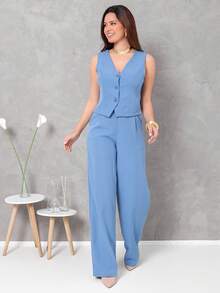Women's Vest And Tailored Trousers Set - Blue - View 2