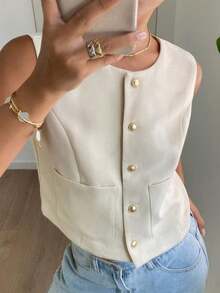 Chaqueta de mujer de unicolor, cuello redondo, sin mangas, ajustada, adecuada para primavera, verano y otoño - Albaricoque - Ver 5