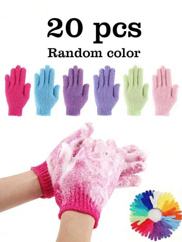 20/1 pieza Guantes exfoliantes reutilizables, guantes de frotación de doble cara para ducha, exfoliación corporal, spa, masaje, guantes exfoliantes de poliéster (color aleatorio)