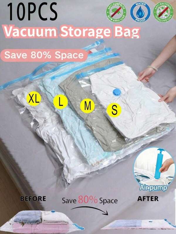 10pcs Transparent Vacuum Storage Bags With Pump, Travel Compression Bags, Waterproof Vacuum Bags, Summer Vacuum Compression Bags, Home Storage Compression Bags, Large Capacity Vacuum Storage Bags, Transparent Compression Bags, PVC Waterproof Storage Bags, Portable Travel Vacuum Bags, Anti-Insect & Anti-Mold Storage Bags, Suitable For Bedding, Clothes, Back To School, Gift, Essential For Storage