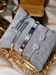 3 件套奢华银色不锈钢心形扣手链套装，包括心形钉子手链和方晶锆石开口手镯，适合女性的时尚珠宝礼物 - 銀色 - 查看 6