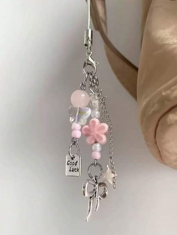 1pc Pink Cherry Blossom Handcrafted Beaded Mobile Phone Pendant, Camera Anti-Loss Chain Bag Pendant (Beads May Be Random)