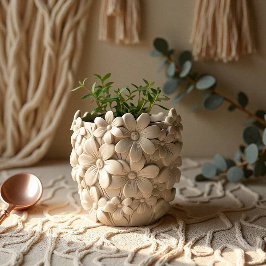 Floral Embossed Mold - Easy Release Silicone Candle Mold, Multipurpose, Suitable For Making Candles, Wax Melts, Succulent Planters, Cosmetic Storage Boxes And Pen Holders, Reusable DIY Craft Tool, Ideal For Home Decor Enthusiasts - Mold 20 - View 1