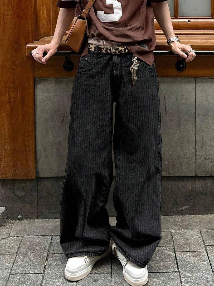 Grunge Goth Y2K 风格时尚哥特休闲直筒宽松街头运动学院摇滚年轻口袋牛仔裤，男士四季皆宜