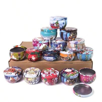 16packs Christmas Themed Metal Candle Jars, 2.5Oz Scented Candle Tin Box, Empty Tin Can With Lid, Holiday Home Kitchen Decoration, Party Supplies, Gift Jars For DIY Candle Making, Christmas Decorations, Candy Storage Boxes, Party Favors, Home And Room Decorations, Etc., Christmas Gifts