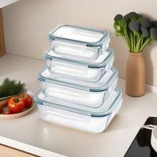 STARLEY-Set 4 fiambreras borosilic rectangulares 370-600-1000-1500ml,Juego de 4 recipientes de almacenamiento de alimentos de cristal,recipientes de vidrio con tapas - Blanco - Ver 1