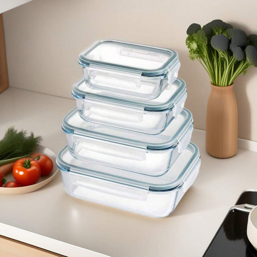 STARLEY-Set 4 fiambreras borosilic rectangulares 370-600-1000-1500ml,Juego de 4 recipientes de almacenamiento de alimentos de cristal,recipientes de vidrio con tapas - Blanco - Ver 1