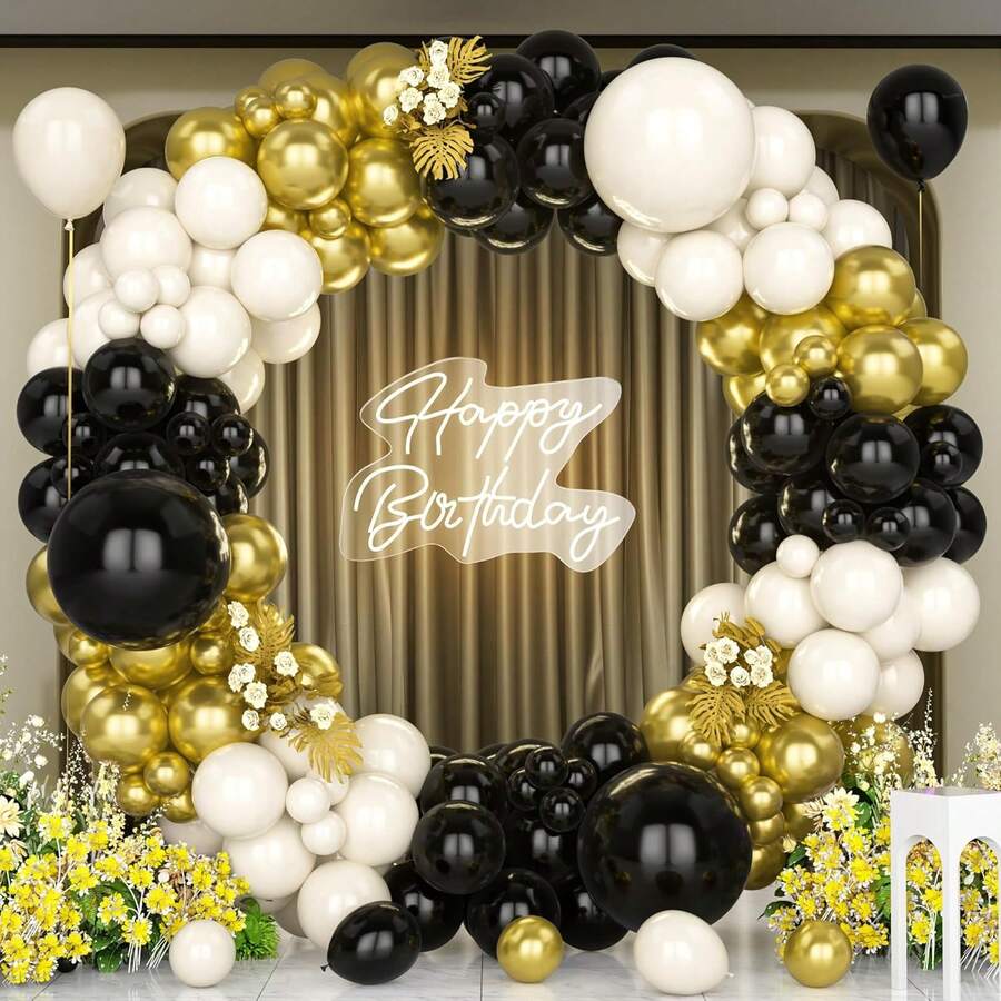 Black Gold Balloons Arch Kit, 146 Pcs Black Gold Balloon Garland With Sand White Balloons For Men Women Birthday Party Decoration Wedding Anniversary Baby Shower Graduation New Year - Multicolor - View 1