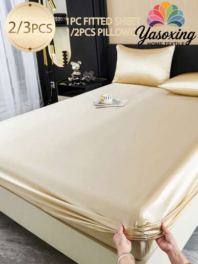 2/3pcs Solid Color Champagne Satin Fitted Sheet Set Simulation Silk Fitted Sheet Set With 1pc Fitted Sheet+1/2pcs Pillow Case Without Filler, Modern Soft Bedding Set For Household Sheet Deep Pocket Up To 13.8 Inch Satin Pillowcase, Soft Breathable Wrinkle-Free Better For Sleep, Luxury Hotel Style, Gift For Mom Dad Friend Domitory Bedding Back School Bedding