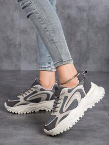 Women's Versatile Lightweight Breathable Retro Casual Sneakers, Women's Patchwork Lace-Up Low-Top Soft-Sole Walking Shoes, Women's Thick-Sole Elevated Street Chunky Sneakers, Women's Lightweight Non-Slip Running Sneakers - Beige - View 4