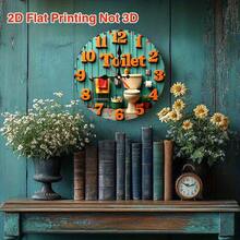 2D Flat, Room Decor, 1pc, A Bathroom With A Toilet And A Sign That Says Toilet, 9.8-Inch, 2D Wooden Flat, Silent Wall Clock, Non-Luminous, Wooden Quartz Design, Perfect For Spiritual Homes/ Holiday/ Living Room/ Coffee/ Bedroom/ Gifts Decor.,2D Flat - Wooden Wall Clock - View 4