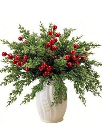 30pcs Christmas Artificial Pine Branches With Red Berries, Faux Norfolk Pine Needles, For DIY Crafts, Wreaths, Home Decor, And Christmas Tree Ornaments, Tabletop Plastic Greenery For Seasonal Fall, Winter, And Holiday Arrangements