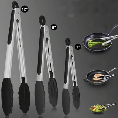 Pinzas de cocina resistentes al calor de acero inoxidable, pinzas para parrilla, pinzas con puntas de silicona antiadherente, agarre fuerte para agarrar alimentos, revolver ensalada, freidora de aire, con diseño de bloqueo, aptas para cocina, hornear, hogar, parrilla al aire libre, ensalada