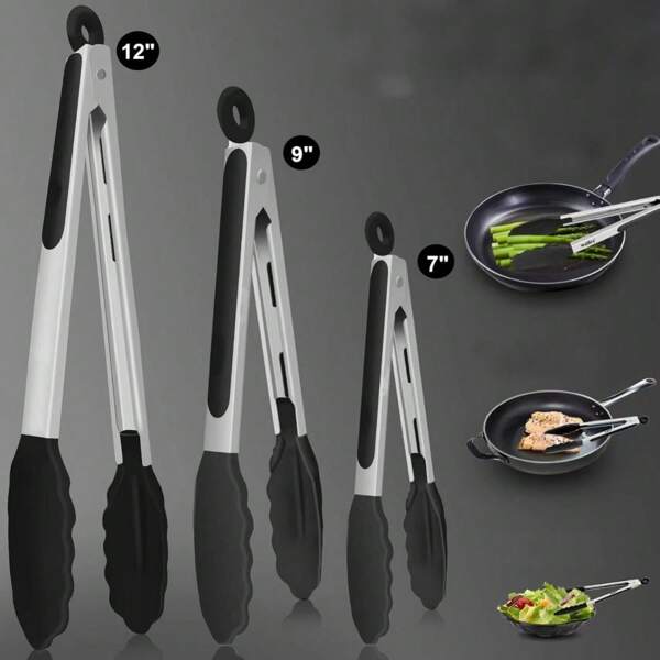 Pinzas de cocina resistentes al calor de acero inoxidable, pinzas para parrilla, pinzas con puntas de silicona antiadherente, agarre fuerte para agarrar alimentos, revolver ensalada, freidora de aire, con diseño de bloqueo, aptas para cocina, hornear, hogar, parrilla al aire libre, ensalada