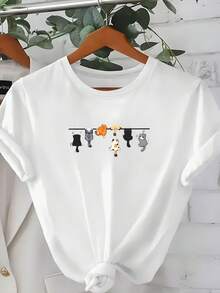 Women's Plus Size Printed T-Shirt, Cute Cat Pattern, Casual Style, Loose Fit, Comfortable Fabric, Summer Outfit, Daily Wear, Fashionable And Versatile - 白色 - 查看 1