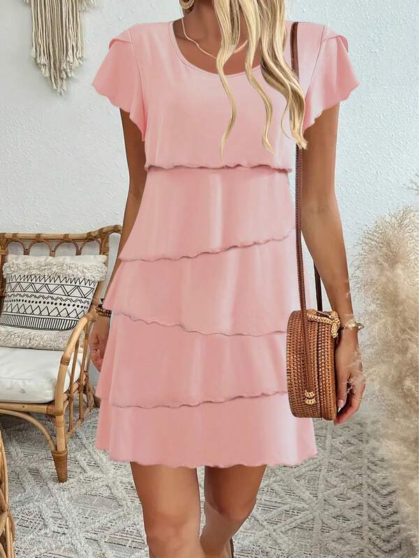 Vestido feminino com saia em camadas e corte solto, manga curta, comprimento médio da panturrilha, para primavera e verão