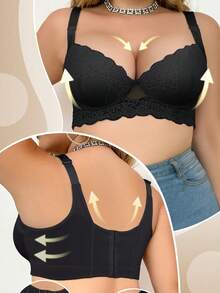 女士加大码蕾丝文胸，提胸文胸，无缝性感内衣，女士聚拢文胸，防下垂舒适文胸，深V文胸 - 黑色 - 查看 6
