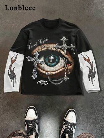 Lonblece 1pc Men's Autumn/Winter Eye & Cross Print Casual Black & White 2 In 1 Long Sleeve T-Shirt