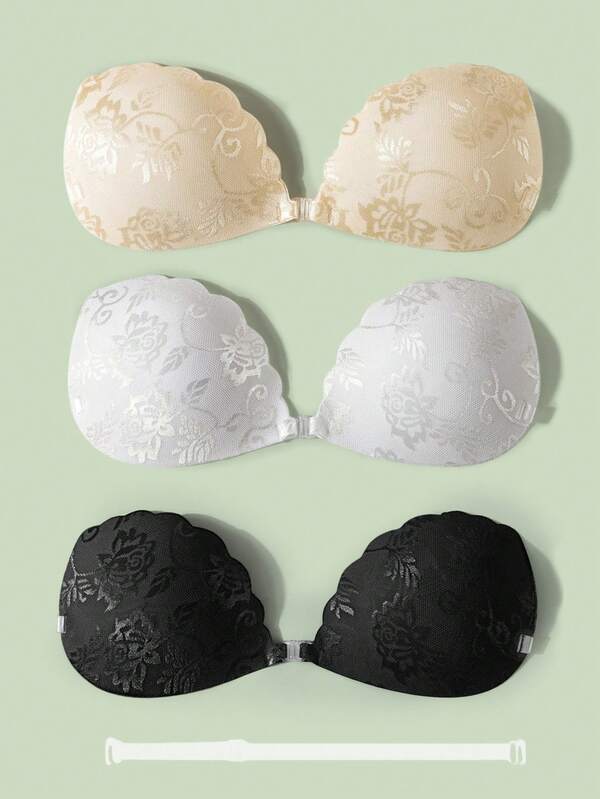 1 件蕾丝隐形聚拢文胸 - 无肩带自粘式提升文胸，带透明肩带，可重复使用粘性乳贴，适用于婚纱、连衣裙和礼服