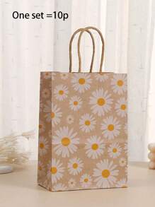 10pcs-Daisy Flower Print Gift Bags Kraft Paper Carrier Bags, Small Daisy Paper Gift Bags Made Of Kraft Paper, Holiday And Party-Themed Gift Bags, Festival Packaging For Party Favor Packaging