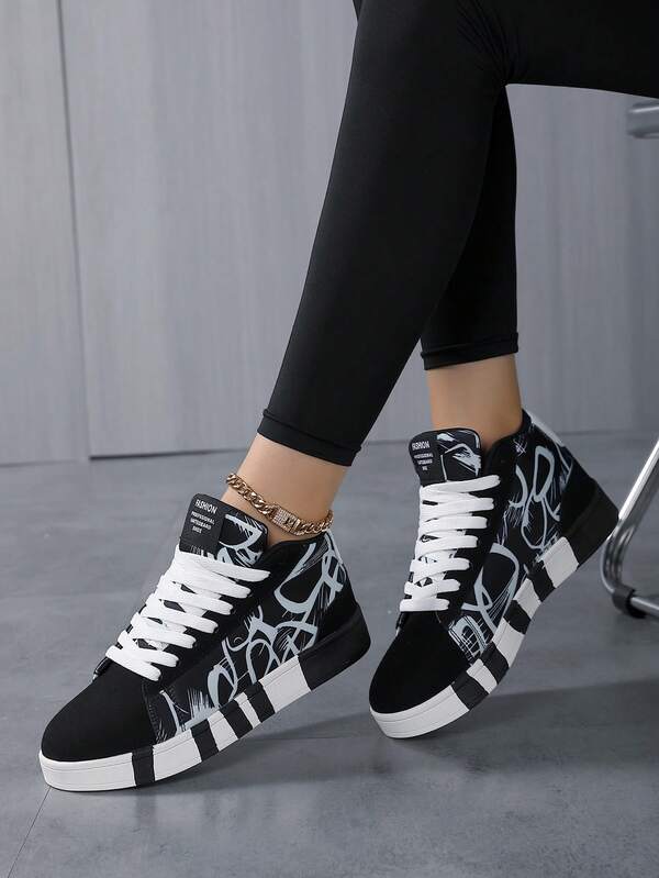 Women's Random Letter & Graffiti Print Rubber Sole High-Top Sneakers, Comfortable Daily Casual Street-Style Couple Sports Shoes