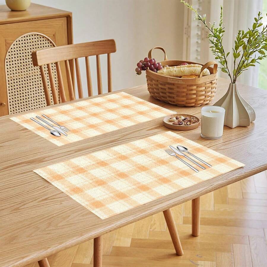 1 pieza/4 piezas/6 piezas Manteles individuales de lino con estampado de cuadros, adecuados para la mesa de comedor, decoración para todas las estaciones, manteles de mesa modernos y lavables, decoración de habitaciones, posavasos, manteles de cocina y comedor, decoración de fiestas interiores y exteriores, decoración del hogar, regalo ideal