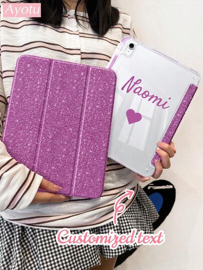 Ayotu Customizable Name Illuminated Tri-Fold Tablet Case, Compatible With All Models, Supports Magnetic Adsorption, Auto Sleep Wake, With Stand And Pen Slot, Scratch-Resistant Hard Shell, Ultra-Thin Lightweight, Smart Folio Case, Personalized Gift