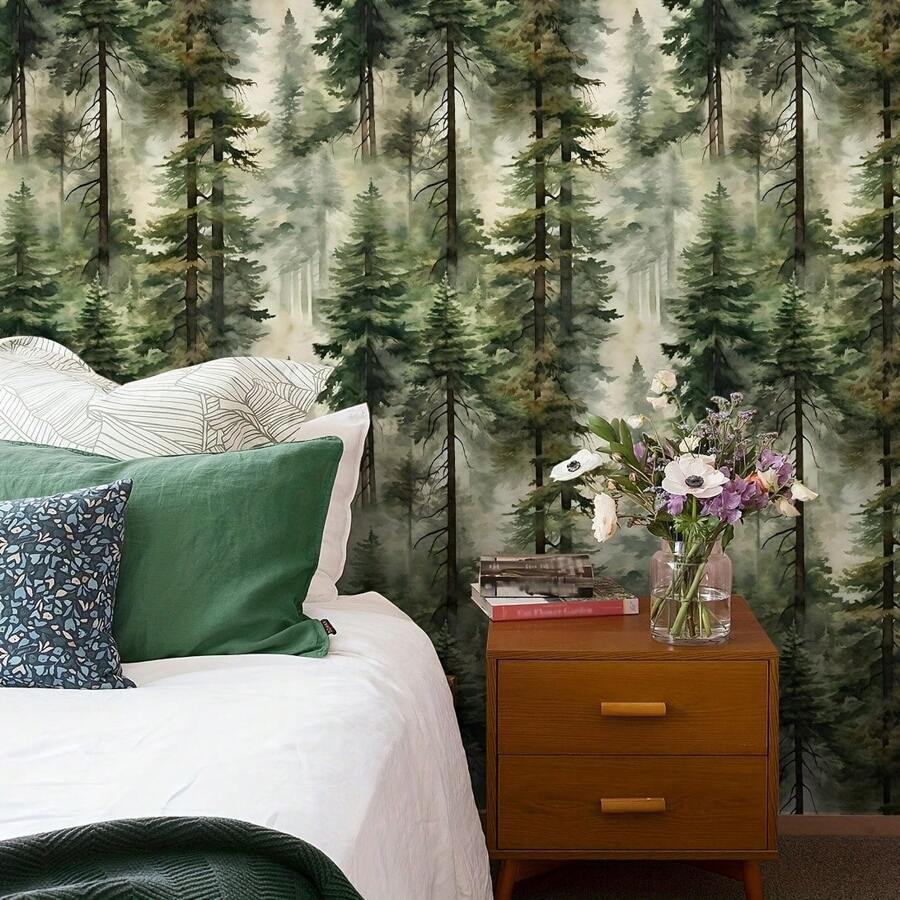 [撕下即贴] 彩色森林壁纸 | 17.5*118 英寸 | 可移除，自粘 | 适用于卧室、客厅、厨房橱柜和家具 | 复古 | 装饰背景