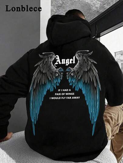Lonblece 1 pezzo Felpa con cappuccio da uomo con stampa ali d'angelo, adatta per autunno/inverno, top a maniche lunghe