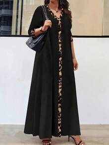 Elegant V-Neck Leopard Print Color Block Dress, Autumn - Black - View 1