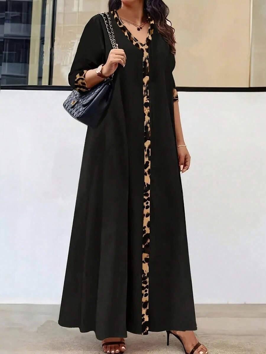 Elegant V-Neck Leopard Print Color Block Dress, Autumn - Black - View 1