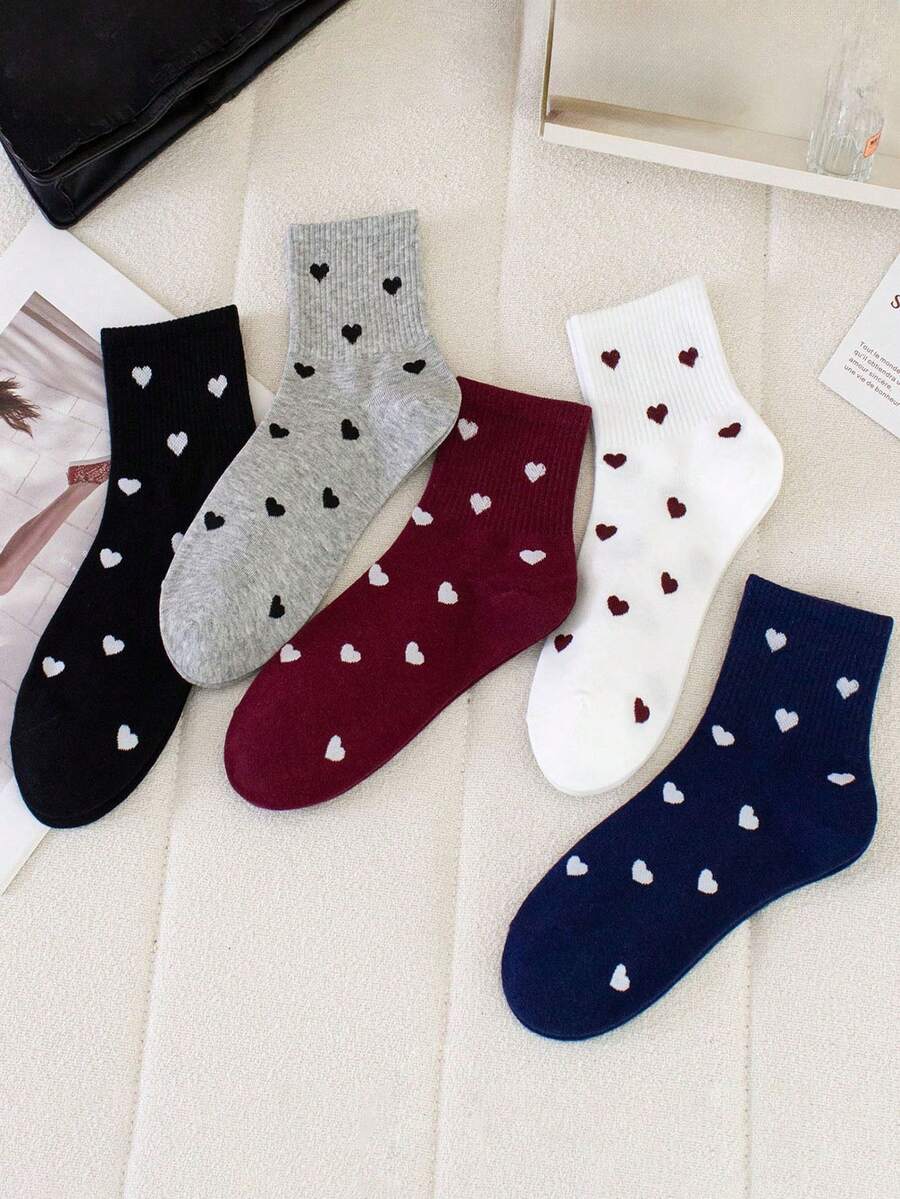 5 Pairs Solid Color Heart & Vertical Stripe Fashion Ankle Socks, Comfortable Women's Socks For Spring, Summer, Autumn, Suitable For Daily Use