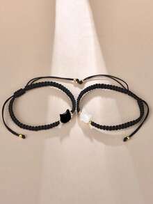 1 件可爱黑白猫编织手链，适合女士，Ins 简约手工编织绳，情侣礼物，闺蜜礼物