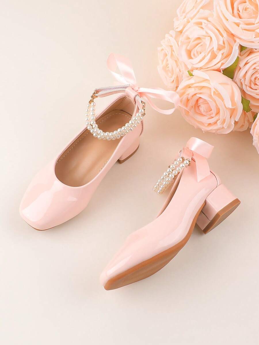 Conjunto de Vestido Formal Combinando, Sapatos de Performance, Sapatos de Balé Mary Jane Princesa, Sapatos de Couro Sintético Pequenos, Adequados para Casamento, Festa, Reunião, Feriado, Sapatos Fofos de Dama de Honra para Meninas de Todas as Idades, Saltos de Pérola com Laço Rosa da Moda, Sapatos de Salto Grosso Elegantes para Todas as Estações e Festivais