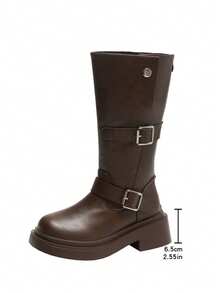 女士中筒骑士靴，2025秋冬新款，搭扣设计，高筒，厚底，过膝靴，牛仔靴 - 棕色 - 查看 7