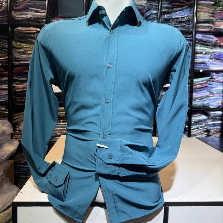 Men's Long Sleeve Dress Shirt, Plain With Elastane, Body Fabric, 90% Polyester, 10% Non-Greasy, Easy To Iron - Màu xanh Cadet - Xem 1