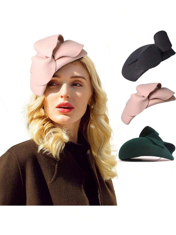 HIMESPORT 100% 羊毛毡女式帽子 女士教堂正式鸡尾酒会婚礼新娘茶会礼服帽 贝雷帽 带花 - 純色 - 查看 12