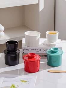 1 Set Ceramic Round Butter Dish With Lid & Wooden Spoon, Nordic Style Minimalist Solid Color Ceramic Butter Pot, Cheese Storage Container, Kitchen & Dining Ceramic Butter Dish With Lid & Wooden Butter Knife