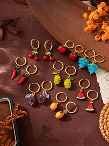 1对夏季时尚水果系列不锈钢精致耳环，樱桃、葡萄、苹果、西瓜、橙子造型，18K镀金，抗氧化，适合妻子和母亲日常佩戴。女士首饰。 - 彩色 - 查看 5