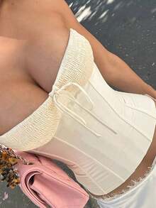 Women's Smocked Tube Tops Summer Fashionable Solid Color Off Shoulder Sleeveless Slim Fit Shirt - 香檳色 - 查看 6