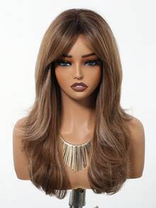 棕色高光渐变浪漫 22 英寸长波浪发带刘海合成假发，适合女性日常使用派对度假节日自然浪漫性感优雅简约休闲万圣节圣诞节角色扮演耐热假发角色扮演派对假发，适合时尚女性日常学校穿着