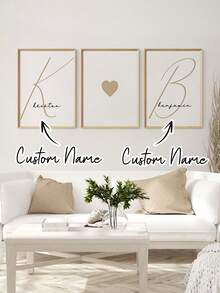 Juego de 3 pósteres minimalistas personalizados, letrero colgante con nombre de pareja personalizado, arte de pared moderno en beige, decoración de aniversario de boda, adecuado para parejas, fiesta de damas de honor, regalo de aniversario, decoración bohemia neutra para el hogar, sala de estar, dormitorio, regalo para amantes y amigos, sin marco - Beis - Ver 2