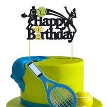 1/13 Piezas Decoraciones de Pastel de Cumpleaños de Tenis Letrero de Feliz Cumpleaños Decoración para Pastel de Jugador de Tenis con Raqueta y Pelota Suministros para Fiesta de Cumpleaños Temática Deportiva Decoración Brillante Negra - Multicolor - Ver 7
