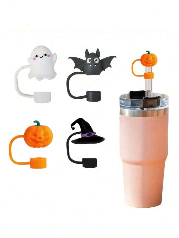 1/4pcs Halloween Silicone Straw Cap Set - Fit For 30&40oz Cups, Pumpkin, Bat, Witch Hat, Ghost - Reusable Straw Cover, Horror Drink Accessory, Ideal Halloween Gift, Holiday Drinkware, Compact Storage