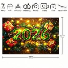 1 Piece Of 2026 New Year Celebration Backdrop - Dazzling Green And Gold Tones, With Red Gifts, Golden Pine Branches And Bright Yellow Lights, Suitable For Christmas, New Year Celebrations, Holiday Gifts, Weddings, Proposals, Birthdays, Anniversaries, Theme Parties, Event Displays, Bedrooms, Living Rooms, Gardens And Outdoor Decorations, Studio Props