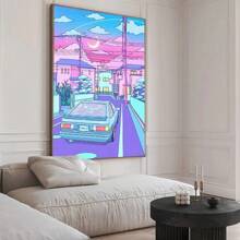 1 pièce Affiche sur canevas vibrant de la ville néon des années 80 - une impression artistique animée inspirée du vaporwave avec une scène de rue japonaise et de lune, décoration murale sans cadre pour salon moderne, chambre à coucher, bureau à domicile, décoration de chambre kawaii