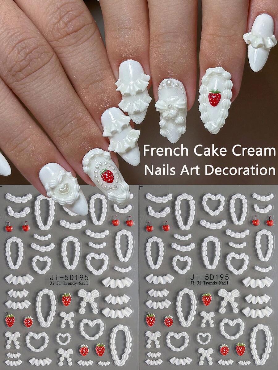 2pcs 5D Embossed Cake Cream Nails Art Stickers French Lace Skirt Edge Cute Cream Stripes Strawberry Cherry Bow Nail Decals Kawaii Heart Cream Nail Art Decoration Self-Adhesive Stickers DIY Nail Supplies