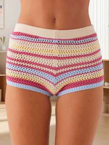 Women's Knitted Shorts Casual Stylish Colorful Contrast Striped Elastic Mid Rise Shorts - Rosa - Ver 3